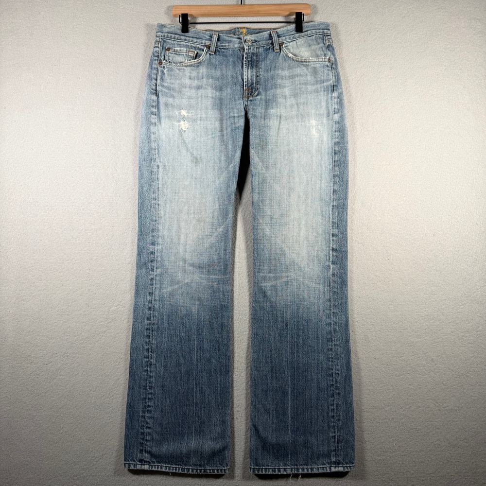 7 For All Mankind Mens Bootcut Jeans Light Wash Distressed 34x33 USA T520R061U